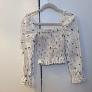 Reformation White Floral Smocked Blouse